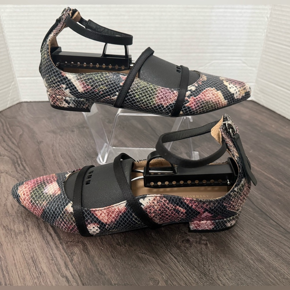 🔥🔥Anthropologie Strappy Flats size US 7  EUR 37 black pink leather shoes Spain